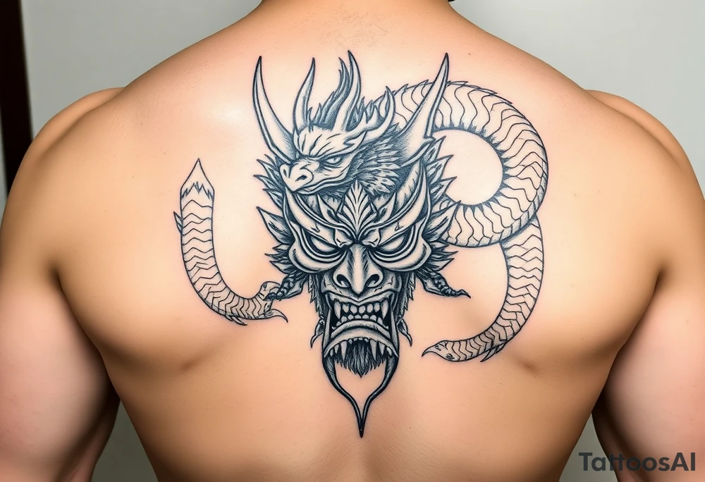 Divine dragon wrapped around a evil oni mask tattoo idea