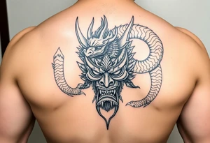 Divine dragon wrapped around a evil oni mask tattoo idea
