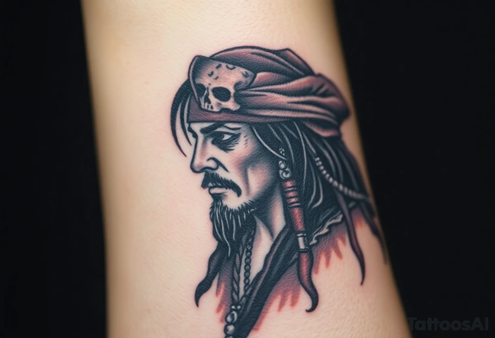 A side-profile portrait of Jack Sparrow with a shadowy skull in the background, symbolizing his connection to death and the supernatural, shaded in grayscale with faint red and gold highlights tattoo idea