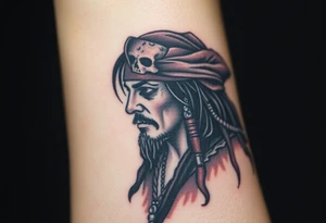 A side-profile portrait of Jack Sparrow with a shadowy skull in the background, symbolizing his connection to death and the supernatural, shaded in grayscale with faint red and gold highlights tattoo idea