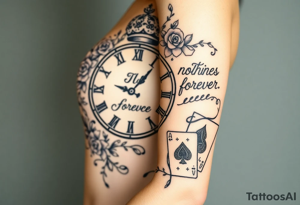 Roman clock with roses and a crown,  a quote that says nothings forever. and on the bottom a deck of cards tattoo idea