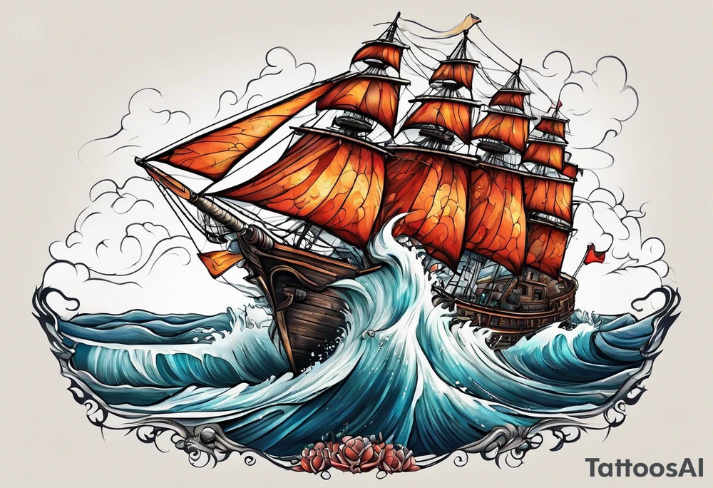 Boat in ocean of lava tattoo idea