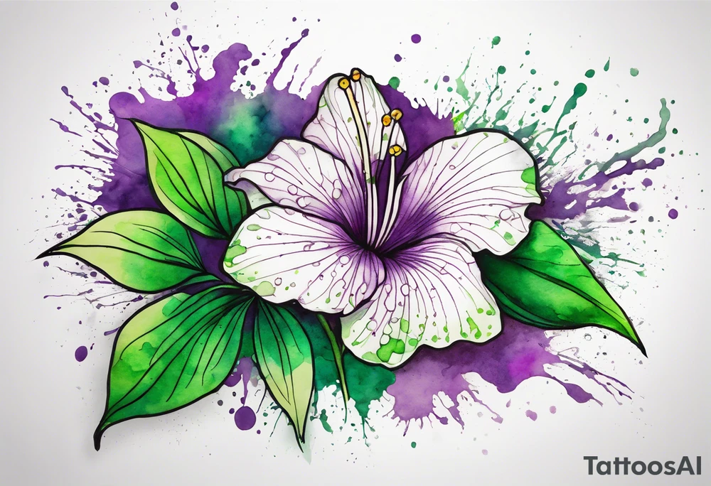 An outline of a green rio dipladenia flower and a green/purple watercolor splatter in the background tattoo idea