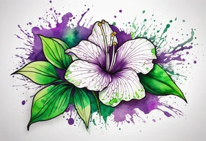 An outline of a green rio dipladenia flower and a green/purple watercolor splatter in the background tattoo idea
