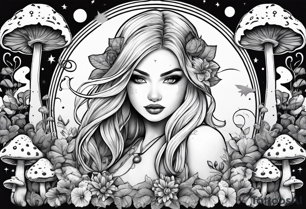 Blonde chubby Girl surrounded by mushrooms crescent moon background tattoo idea