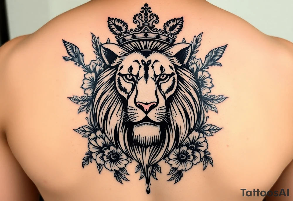 powerful majestic lion with a crown, surrounded by floral ornaments and birds tattoo idea