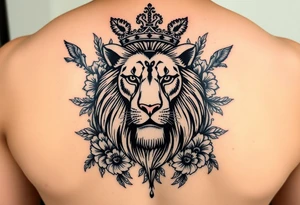 powerful majestic lion with a crown, surrounded by floral ornaments and birds tattoo idea