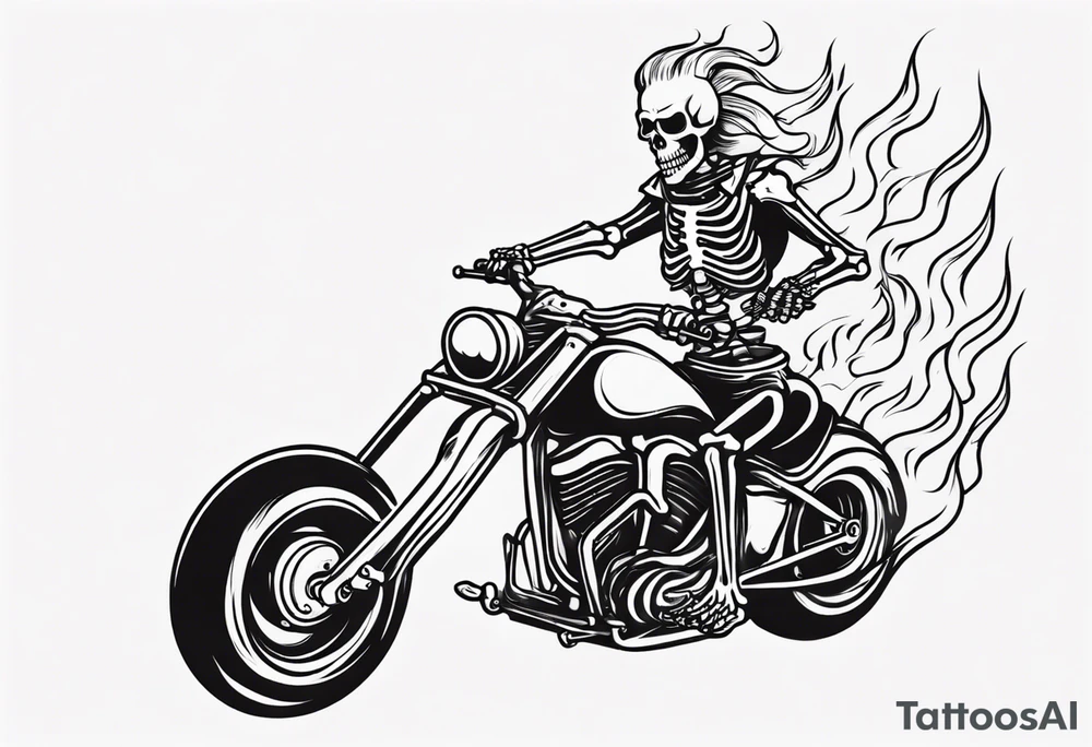 A skeleton riding a motorcycle with flames front view and a big viking face in the background tattoo idea