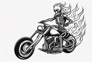 A skeleton riding a motorcycle with flames front view and a big viking face in the background tattoo idea