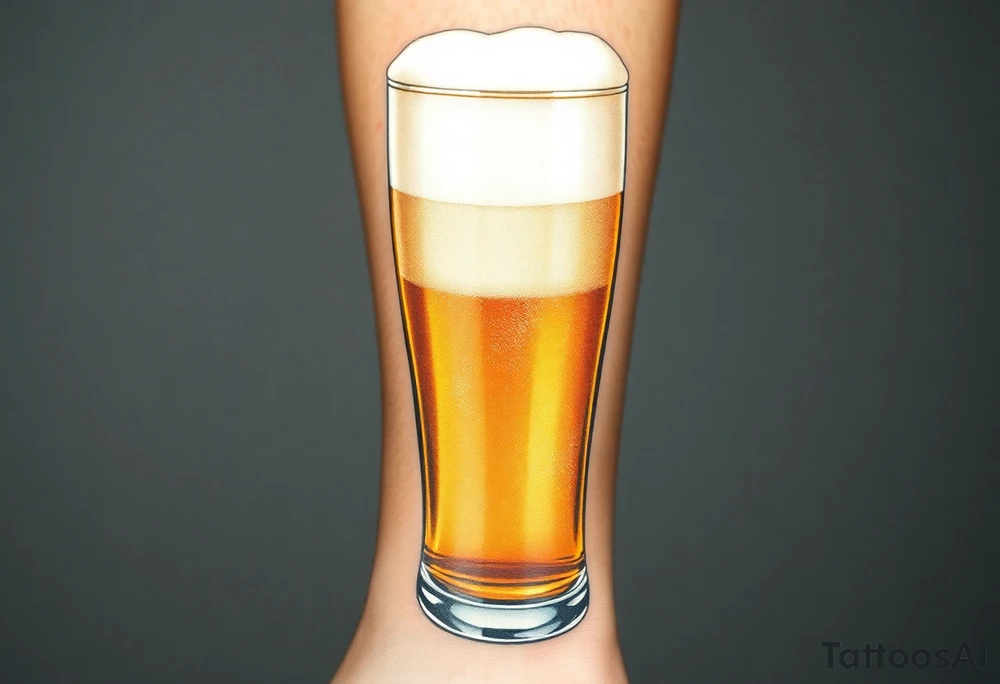 A tall, ice-cold pilsner glass with a thick white foam head, illuminated by warm amber and honey hues, creating a crisp and refreshing look tattoo idea