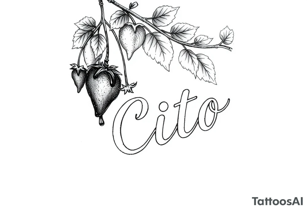 This will be placed going down my thigh.. Make a vine with detail that has strawberries hanging from it some of them should look like they’re dripping chocolate and the last strawberry should look like it has a bite taken out of it the ending of the vine should spell out the name Cito but make it look like a vine with detail it should resemble cursive but keep it looking like it’s written in vine and only the name should be rotated right going down and it should be attached to the rest of the vine that has the strawberries. Black and white only tattoo idea