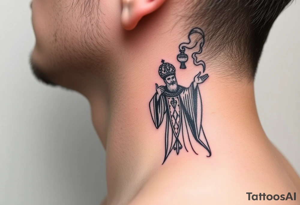 Russian Orthodox Priest in a fully detailed gold vestment swinging a censer with smoke curling upward tattoo idea