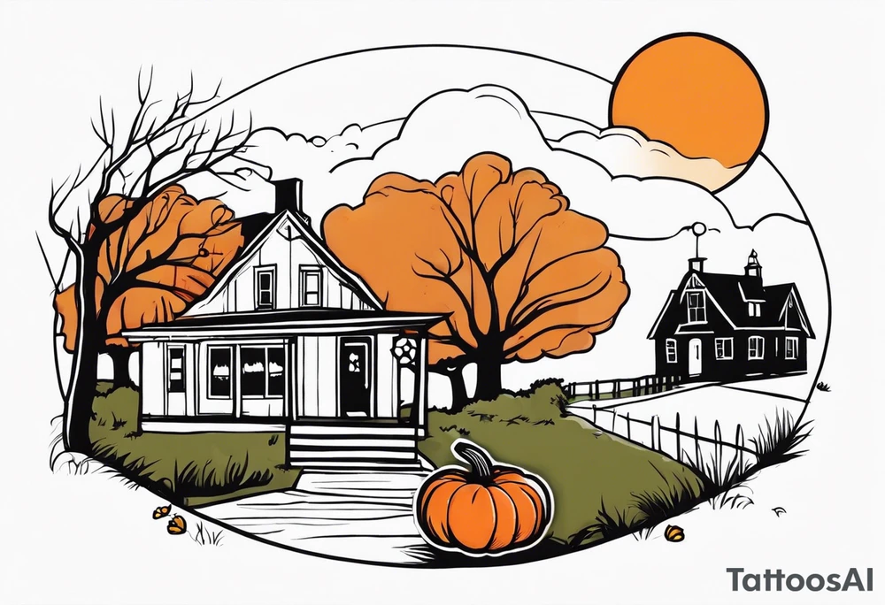 Midwestern street in fall with Halloween pumpkin tattoo idea
