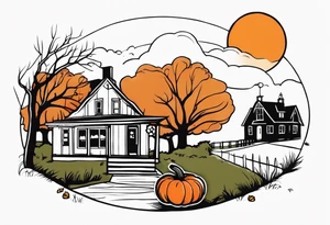 Midwestern street in fall with Halloween pumpkin tattoo idea