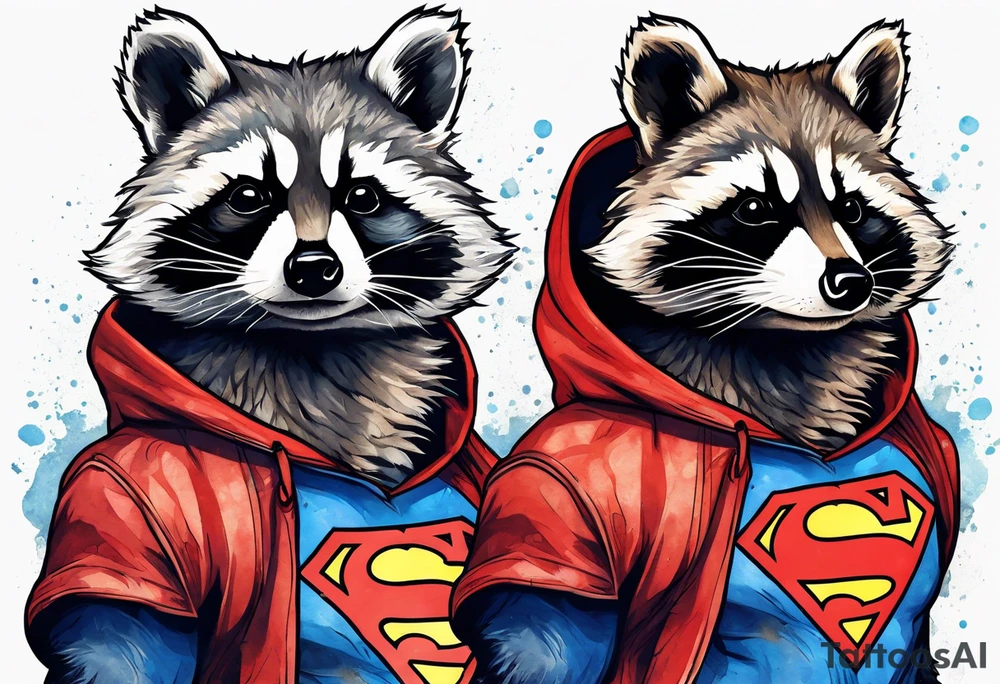 raccoon wearing a Superman hoodie tattoo idea