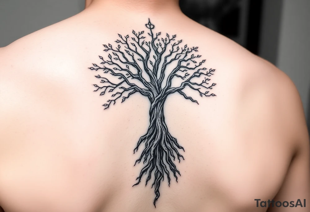 mystical tree of life with cosmic roots and celestial branches tattoo idea