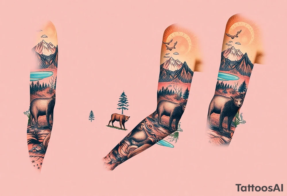 A full-sleeve with the Härjedalen landscape, reindeer, bear, lakes, mountains (Helags), tattoo idea