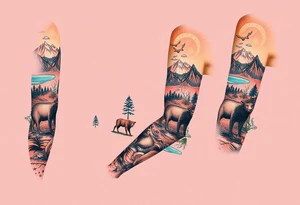 A full-sleeve with the Härjedalen landscape, reindeer, bear, lakes, mountains (Helags), tattoo idea