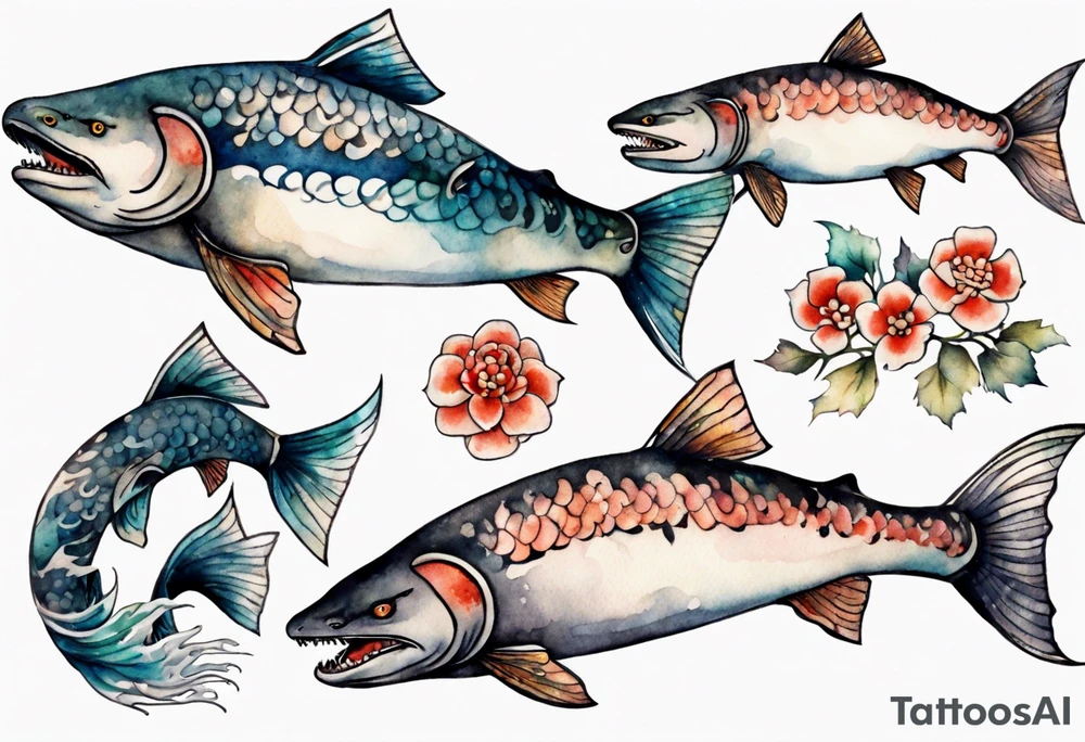 medieval salmon swimming tattoo idea