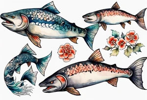 medieval salmon swimming tattoo idea