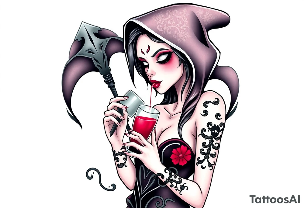 Sexy  xxx Female grim. Reaper drinking her
 death poison tattoo idea