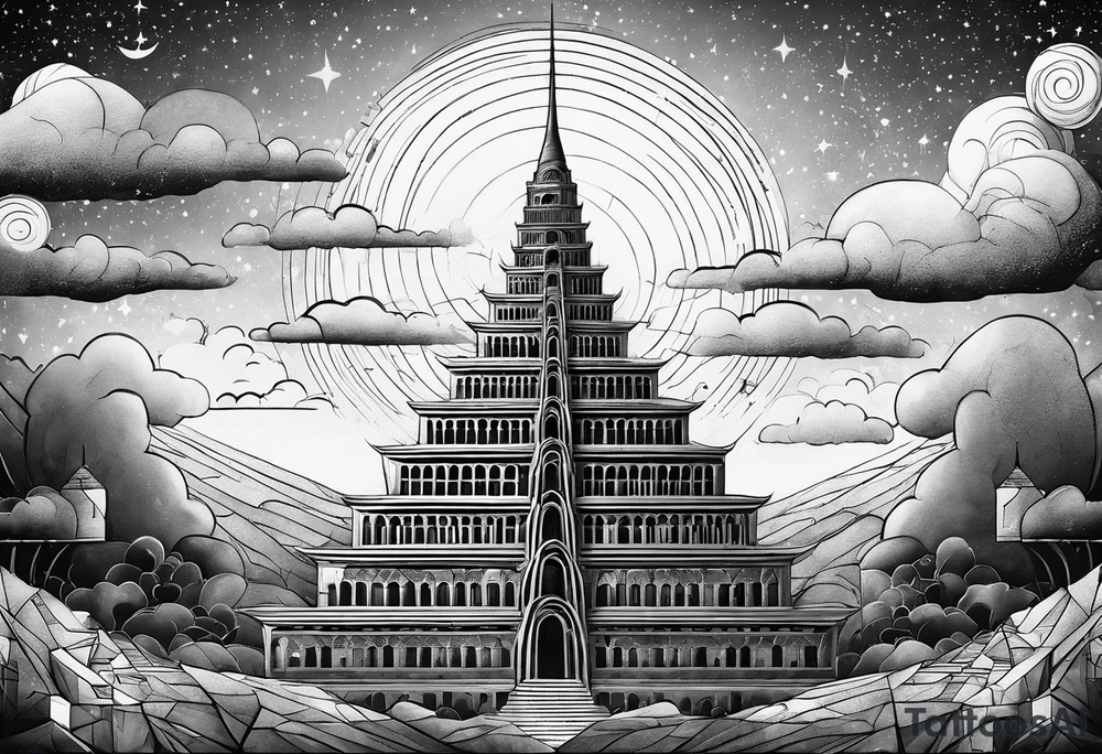ultra minimalist tattoo of the Babel tower with a cosmic background tattoo idea