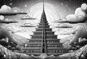 ultra minimalist tattoo of the Babel tower with a cosmic background tattoo idea