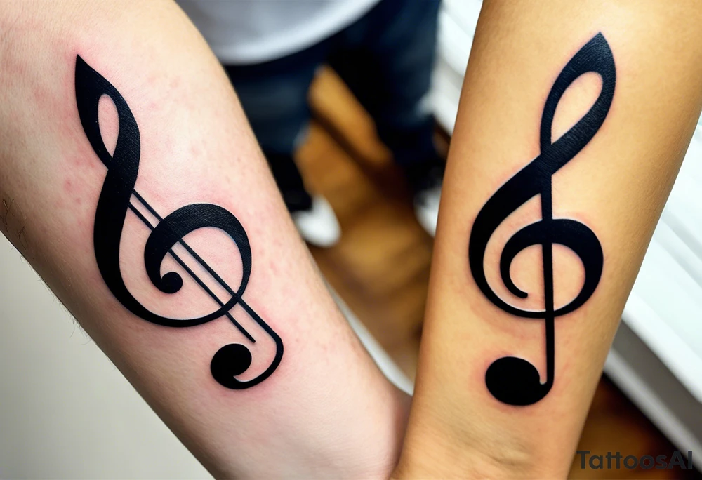 design matching tattoos for bff and i combines elements of music, friendship, and sophisticated aesthetics for you and your best friend. somehow incorporates two musical staffs in a slight 3D. Shading techniques. On one staff, a single B note represents "best," while the other staff features two notes for "friends forever." render musical elements  in crisp black ink, creating a clean and timeless look.At the end of each staff, small, photorealistic 3D gemstones (1 deep purple garnet and the other -opal with flashes of blue and purple iridescence) should appear to float just above the skin. Behind musical staffs & gems, subtle ombre shading effect transitioning soft purple to deep blue. hyper-realistic gems are focal point, contrasting crisp, clean lines of the musical notation (shaded for dimension). tattoo idea