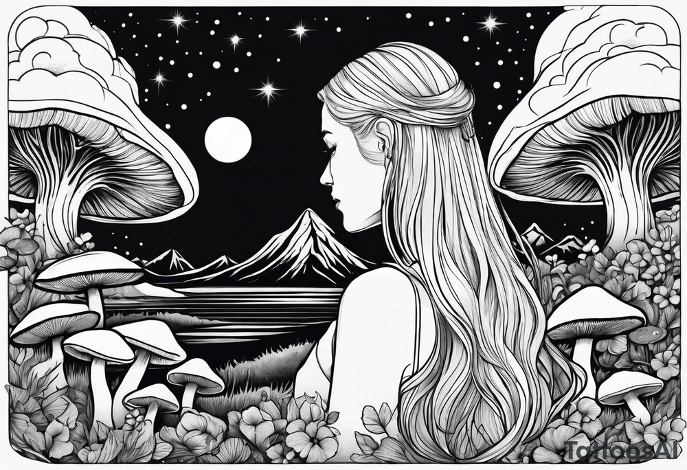 Blonde long straight hair older woman no makeup surrounded by mushrooms facing away mountains crescent moon background tattoo idea