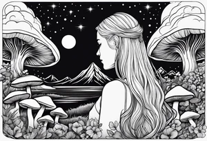 Blonde long straight hair older woman no makeup surrounded by mushrooms facing away mountains crescent moon background tattoo idea
