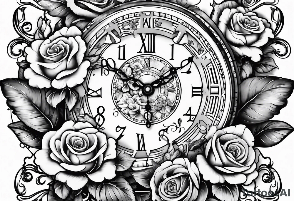 Half sleeve on arm of beautiful old fashion clock with roses, cherubs, angels, and the name chase Peter in a scroll tattoo idea