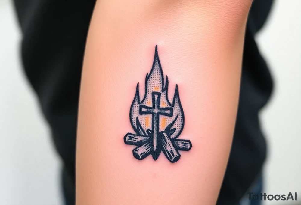Campfire with a cross hidden in the flames tattoo idea