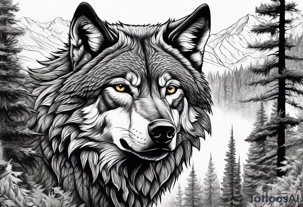 Detailed powerful AlphaWolf in Front of a scary forest tattoo idea Detailed powerful AlphaWolf in Front of a scary forest tattoo idea