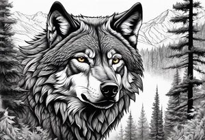 Detailed powerful AlphaWolf in Front of a scary forest tattoo idea