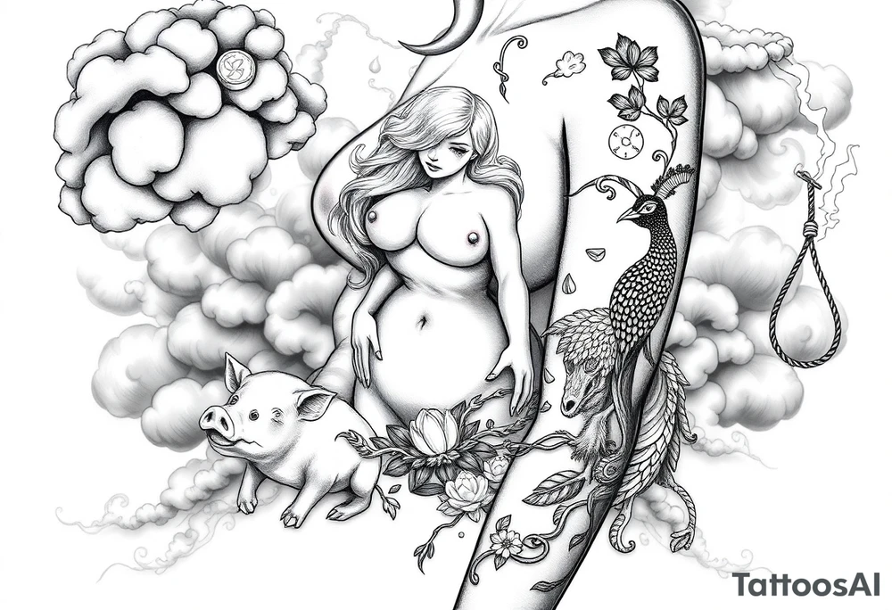 Storm clouds with a overweight naked sexy girl and money and cigerettes  and coins and mirror and  naked couple sex with pig and peacock , frog, lamb and lightening lust gluttony envy greed wrath pride  sloth and noose darkness gothic tattoo idea