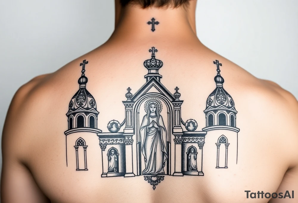 medium traditional russian orthodox church with a russian coat arms and virgin mary tattoo idea