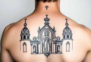 medium traditional russian orthodox church with a russian coat arms and virgin mary tattoo idea