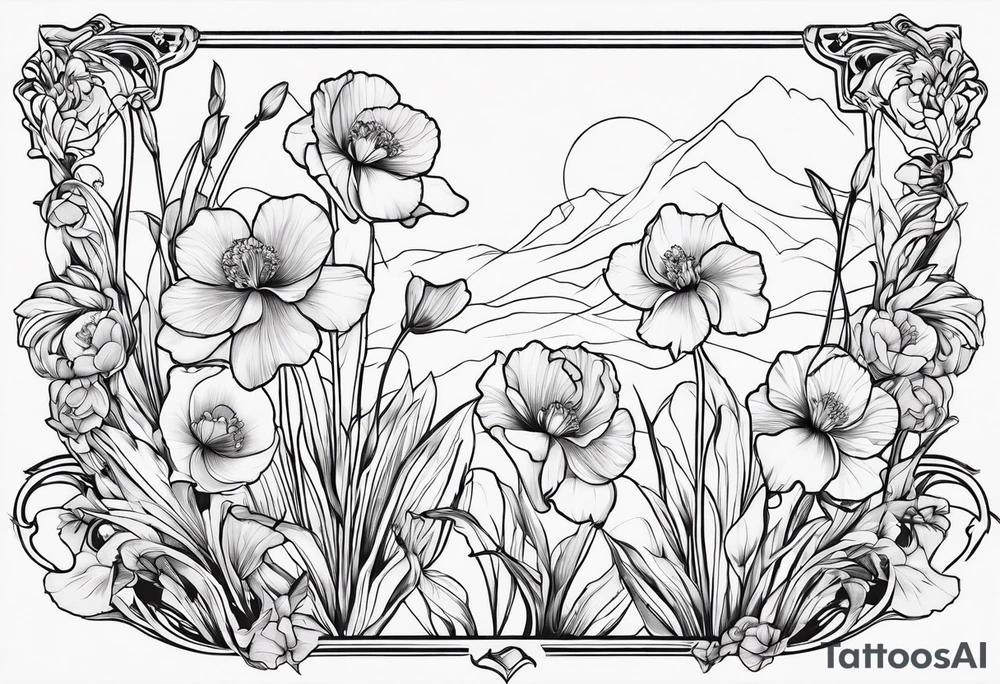 Female outline surrounded by One carnation
One snow drop
One iris
One poppy
One cosmo
One narcissus tattoo idea