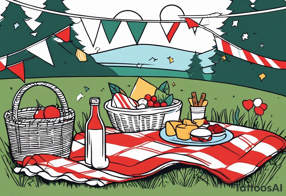 picnic scene on a meadow, with a sheckers blanket, basket, pillows and party pennants. Thin lines. tattoo idea