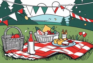 picnic scene on a meadow, with a sheckers blanket, basket, pillows and party pennants. Thin lines. tattoo idea