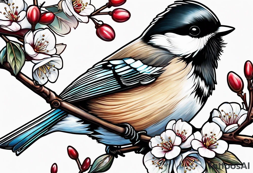 Chickadee on cherry branch tattoo idea