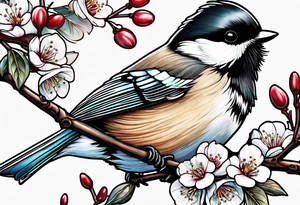 Chickadee on cherry branch tattoo idea