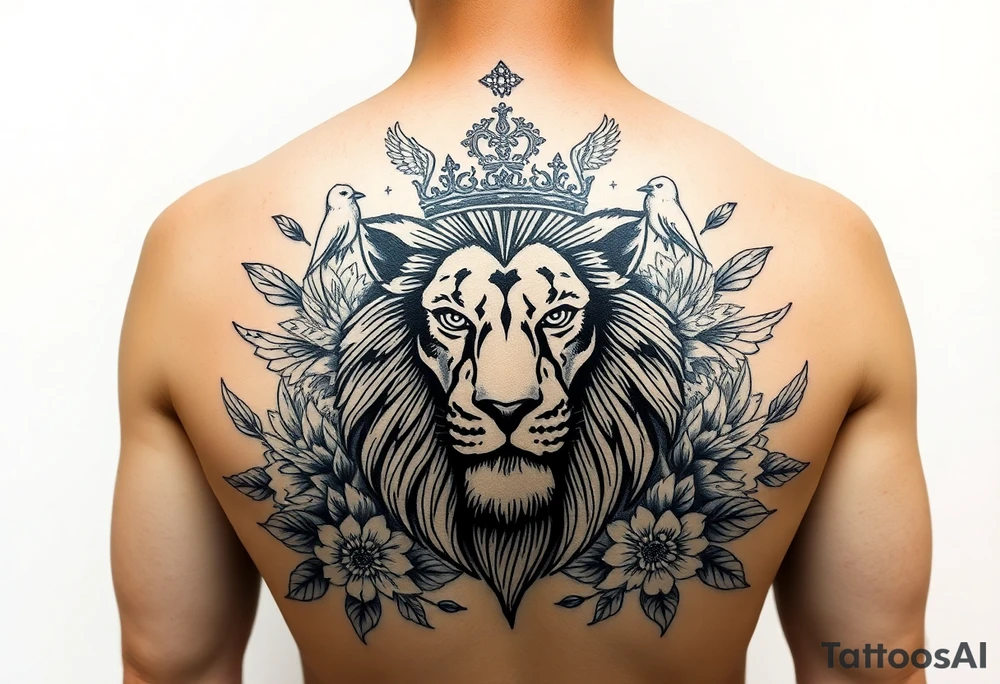 powerful majestic lion with a crown, surrounded by floral ornaments and birds tattoo idea
