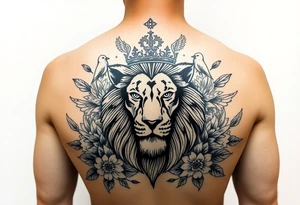 powerful majestic lion with a crown, surrounded by floral ornaments and birds tattoo idea