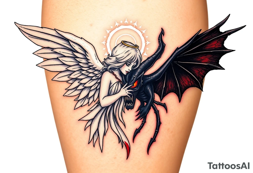 A radiant angel, with soft white wings and a glowing halo, surrounded by light, juxtaposed against a dark demon, with jagged black wings and fiery red eyes, symbolizing the ultimate conflict between good and evil. tattoo idea