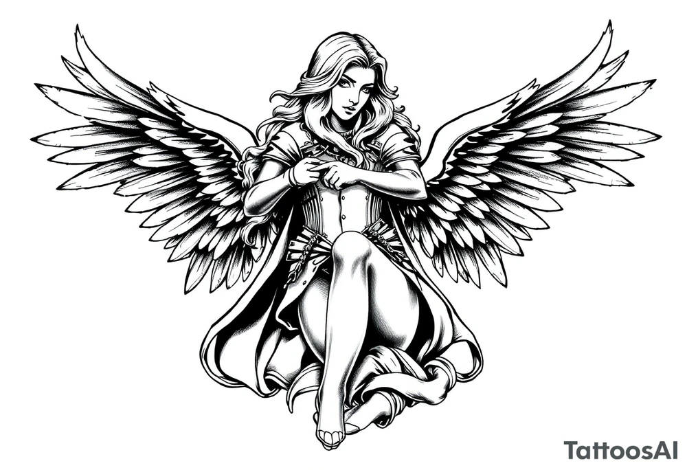 femme blonde cheveux long ondulé, un genou au sol  en armure de chevalier tenant épée vers le bas et de grandes ailes d'anges déployées tattoo idea