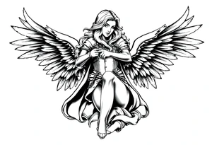 femme blonde cheveux long ondulé, un genou au sol  en armure de chevalier tenant épée vers le bas et de grandes ailes d'anges déployées tattoo idea