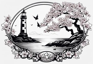 small cherry blossom with lighthouse tattoo idea