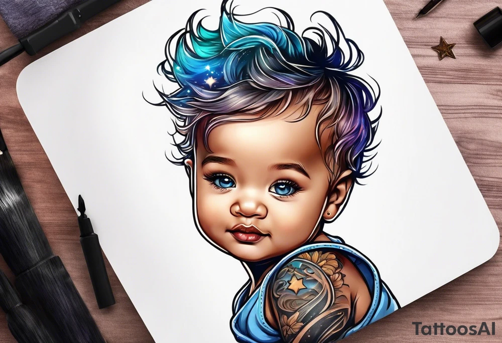 toddler head with starry sky behind it tattoo idea