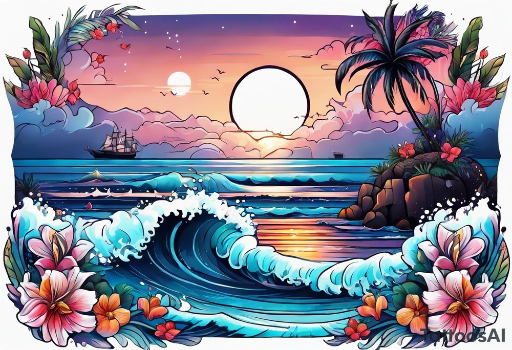 sea,, night, flower, palm, tattoo idea